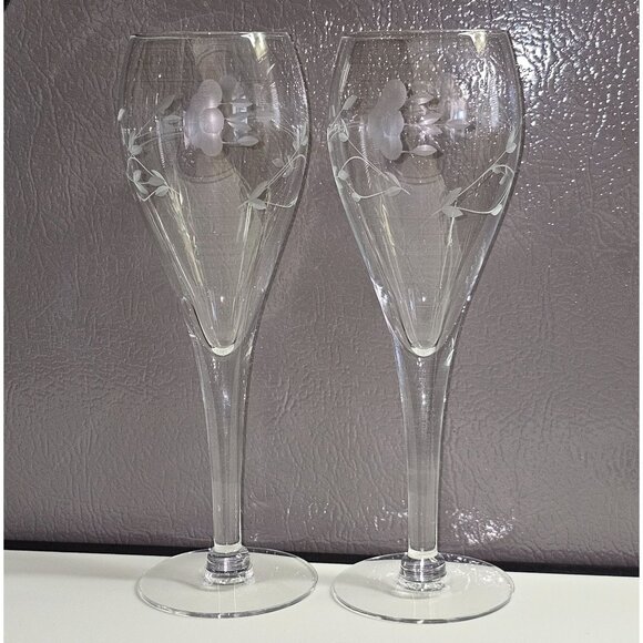 2 Princess House Heritage Champagne Flute 7.7" handblown crystal fluted Etched - Picture 1 of 7